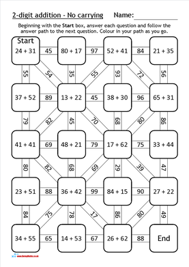 Maths maze worksheet 2 digit addition